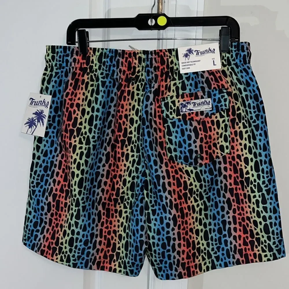 New Trunks Surf & Swim Co 3 Pocket Rainbow LBGTQ Leopard Print Lined Swim Shorts